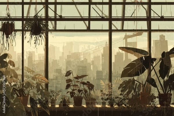 Obraz A flat vector illustration depicting urban gardening on rooftops in a city setting.