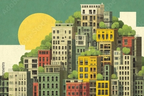Obraz A bustling cityscape filled with tall buildings and lush green trees, showcasing a harmonious blend of urban development and nature. Rooftop gardens add a touch of greenery to the city skyline.