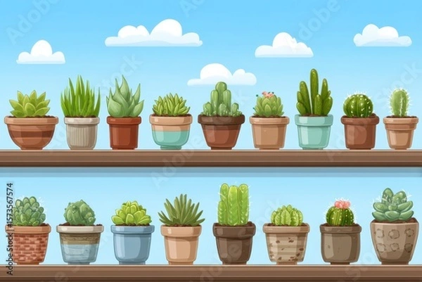 Obraz A collection of various pots filled with cactuses arranged neatly on a wooden shelf, adding a touch of greenery to the space.