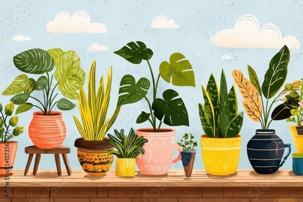 Obraz A variety of house plants including succulents and cacti arranged on a rustic wooden table, creating a cozy indoor garden aesthetic.