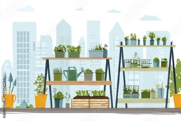 Obraz A row of potted plants lined up on a shelf overlooking a cityscape background, showcasing urban gardening on rooftops.