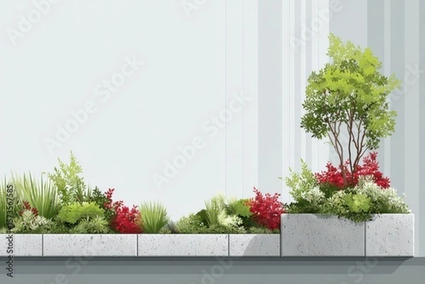 Obraz A decorative planter filled with various green plants and colorful flowers, creating a vibrant and lively urban gardening scene on a rooftop.