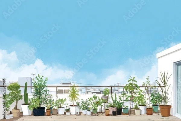 Obraz A beautiful balcony adorned with various potted plants under a clear blue sky, creating a serene urban gardening oasis.