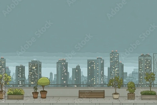 Obraz  features a cityscape with a bench and potted plants, creating a tranquil urban oasis. The scene showcases a blend of nature and city living, perfect for illustrating urban gardening or relaxation