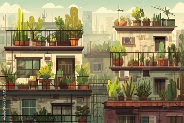 Obraz A cityscape featuring rooftop urban gardening with various plants growing on the building's rooftop bales, adding a touch of greenery to the urban landscape.