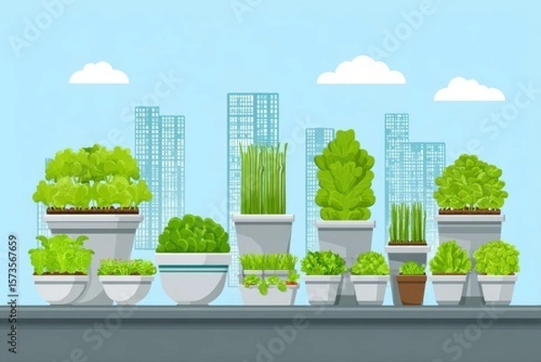Obraz A row of potted plants on a rooftop overlooking the cityscape, showcasing urban gardening in a flat vector art style.