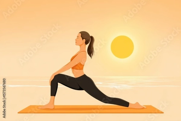 Obraz A serene woman practicing yoga on a sandy beach illuminated by the soft morning light, with the ocean waves in the background. 