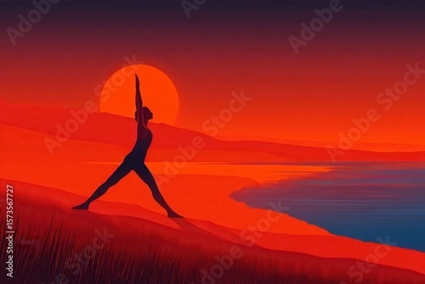 Obraz A man standing on a hill at sunrise, practicing yoga with his arms raised in the air. The warm morning light illuminates the serene scene.