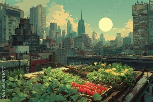 Obraz A vibrant rooftop garden filled with lush green plants, set against a backdrop of urban buildings. This scene captures the beauty of urban gardening and the harmonious blend of nature and city life.