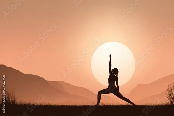 Obraz A serene woman practicing yoga amidst majestic mountains during a beautiful sunset, finding peace and tranquility in nature.