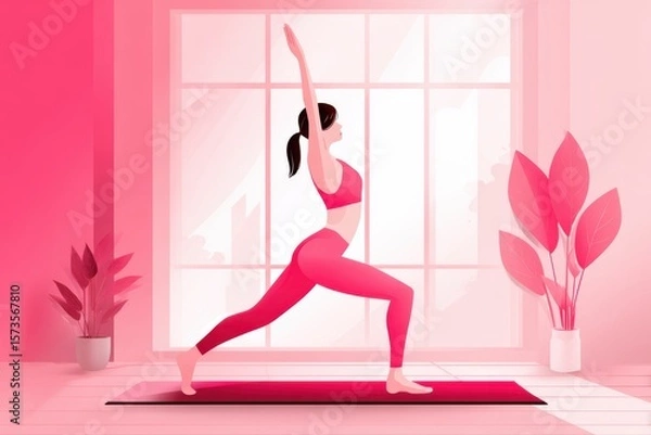 Obraz A serene woman practicing yoga in a sunlit room in front of a large window, surrounded by plants. The morning light gently illuminates her as she holds a pose.