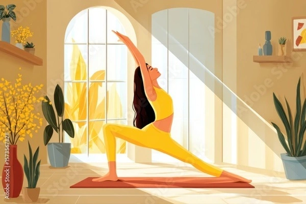 Obraz A peaceful woman practicing yoga in a bright room illuminated by morning light. She is focused and calm, surrounded by a serene atmosphere.
