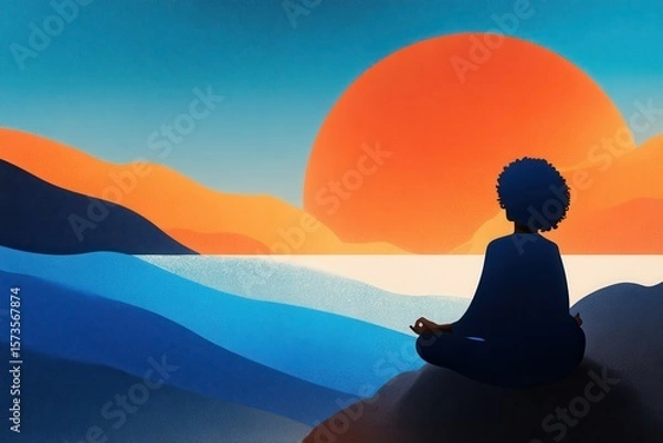 Obraz A peaceful person sitting in a meditation position, with the sun setting in the background, creating a serene and calming atmosphere.