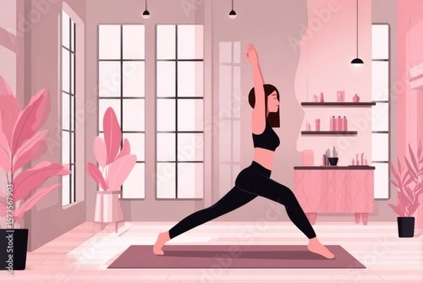 Obraz A serene woman practicing yoga in a room with soft pink walls, basking in the morning light. The flat vector art style adds a modern touch to this peaceful scene.