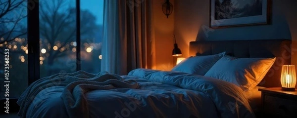 Fototapeta Tranquil Nighttime Bedroom Scene Soft Lighting, Plush Bedding, and Serene Atmosphere, Perfect for Relaxation and Sleep