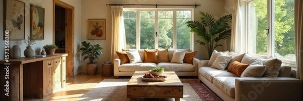 Fototapeta Cozy Family Room with Built-in Eating Area Natural Light, Rustic Table, Comfortable Seating, Perfect for Casual Meals and Family Gatherings