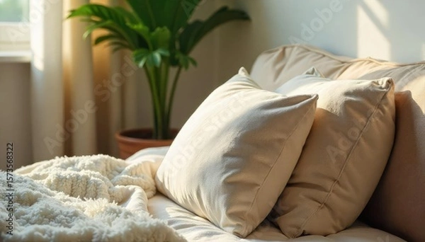 Fototapeta Cozy Plush Back Cushion Against Wall, Inviting Relaxation and Rest. Soft Lighting Highlights Texture and Comfort, Perfect for a Sleepy Afternoon.