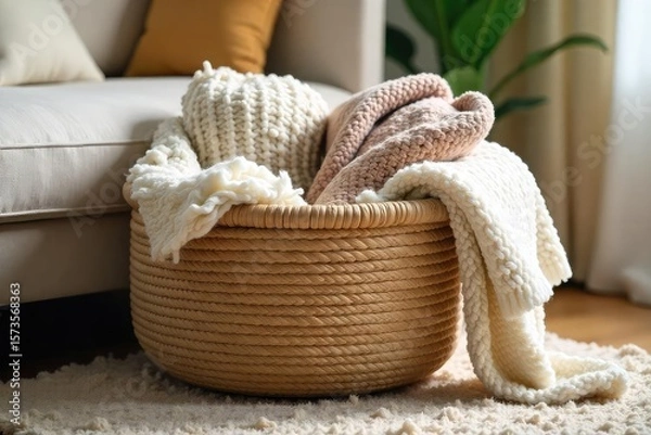 Fototapeta Cozy Woven Rug Basket Overflowing with Soft Throws and Blankets Perfect for Adding Warmth and Style to Your Living Room