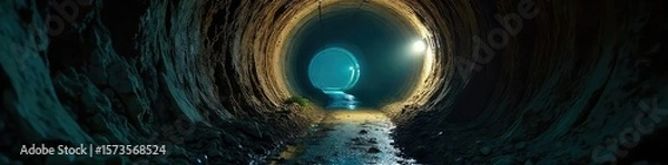 Fototapeta Perilous Journey A Dimly Lit Tunnel Beckons with Crumbling Walls and the Threat of Rockfall, Evoking a Sense of Impending Danger and Unease.