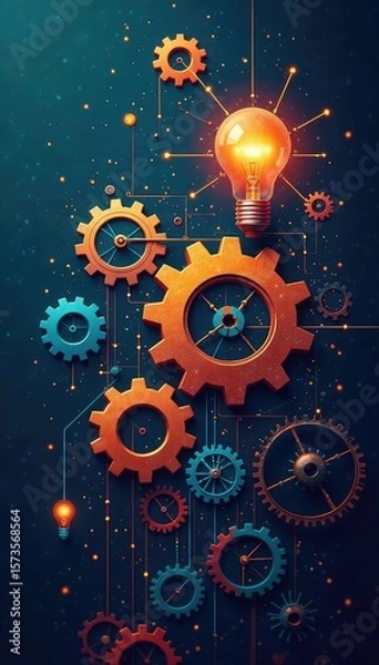 Fototapeta Interconnected Gears and Lightbulbs Synergy of Creativity and Technology Driving Innovation