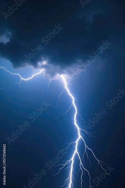 Fototapeta Dramatic Lightning Bolt Striking Dark Stormy Sky Powerful Nature Photography Ideal for Backgrounds and Graphic Design Projects