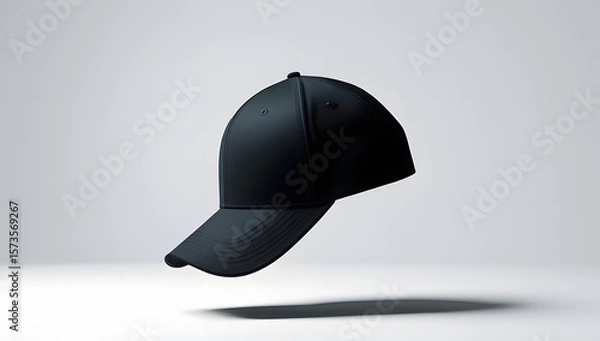 Fototapeta Black silhouette of a floating baseball cap, tilted in mid-air with sharp curves and no visible support, set against a pure white background, evoking identity, mystery, and modern symbolism