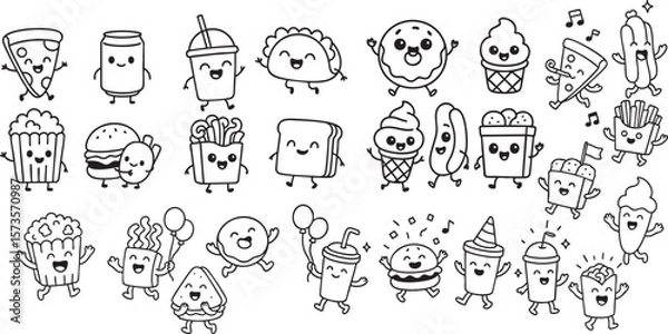 Fototapeta Cute Fast Food Characters in Fun Poses Black and White Line Art for Kids Coloring Book | Generative AI