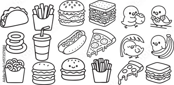 Fototapeta Cute Fast Food Characters in Fun Poses Black and White Line Art for Kids Coloring Book | Generative AI