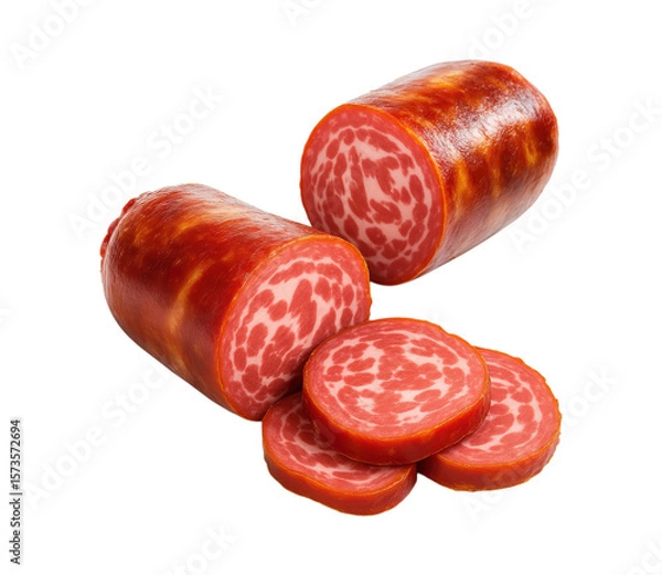 Obraz Sliced and Whole Smoked Sausage, Isolated on Transparent and White Background