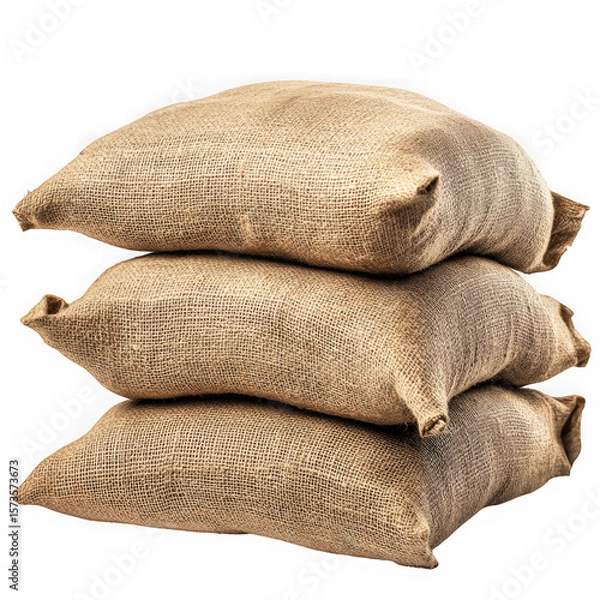 Obraz A stack of three burlap sacks piled on top of each other against a plain black background in studio shot on transparent background