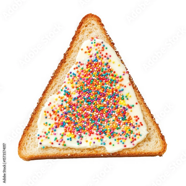 Obraz A fairy bread slice with colorful sprinkles and white spread on a triangular piece of bread slice on transparent background