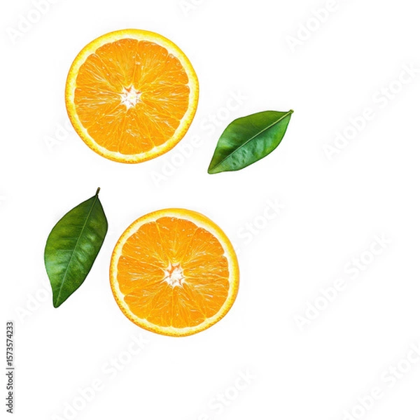 Obraz Two orange slices and two green leaves arranged on a plain black background in a simple still life on transparent background