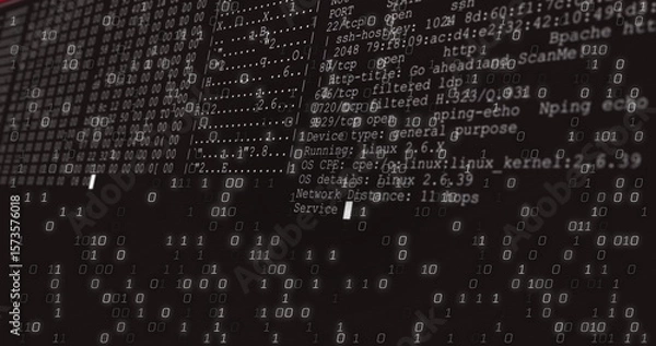 Obraz Displaying overlay of binary code and network scan text on terminal display, with port listings