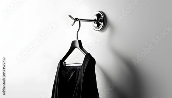 Fototapeta Minimalist black silhouette of a modern clothes hanger hanging from a slim chrome hook on a pure white background, evoking order, simplicity, stillness, and quiet anticipation in domestic space