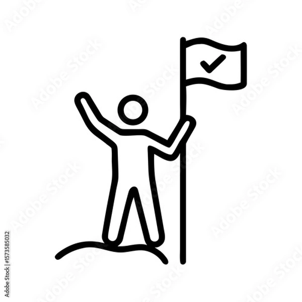 Fototapeta A minimalist line-art depiction of an individual planted flag triumphantly atop a peak, embodies accomplishment and the fulfillment of ambition.