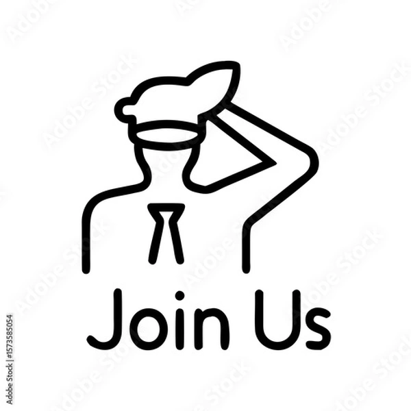 Fototapeta Minimalist line art icon beckons, 'Join Us,' as a sleek human silhouette in uniform extends a welcoming hand, symbolizing opportunity and inclusion.