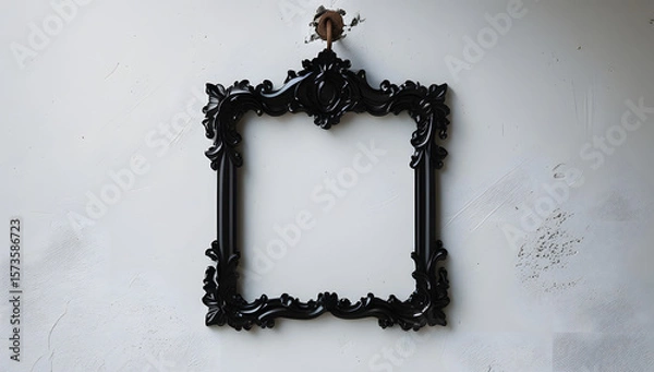 Fototapeta Black silhouette of an ornate baroque picture frame hanging crookedly from a rustic nail on a pure white background, emphasizing themes of memory, absence, and decorative historical emptiness