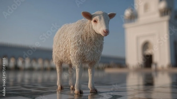Fototapeta White sheep in front of a building