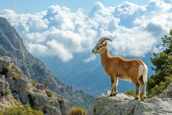 Obraz Majestic Mountain Goat Standing on Rock with Clouds in Background
