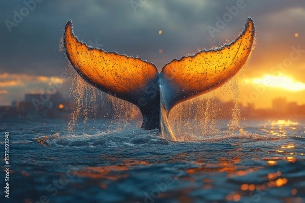 Obraz Majestic Whale Tail Splashes in Sunset-lit Ocean Waters