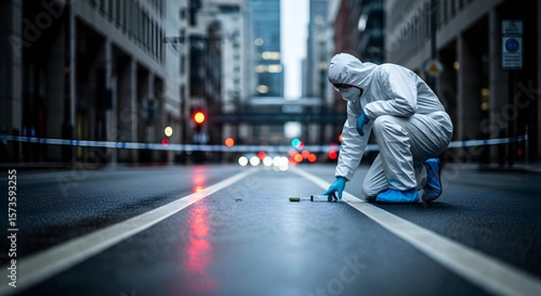 Obraz Person in Hazmat Suit Investigating Object on Street