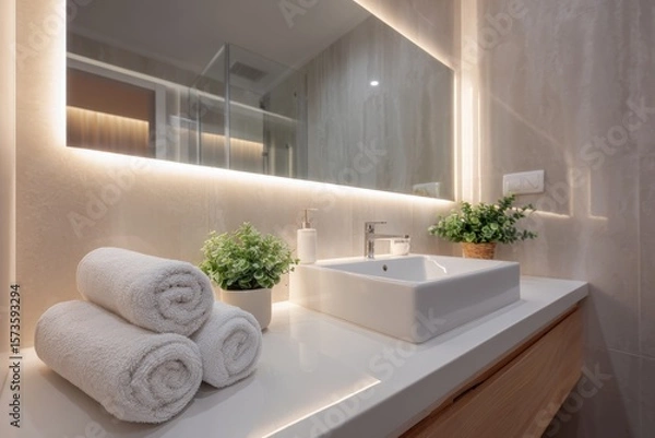Obraz Modern Bathroom Design with Towels and Greenery in Bright Space