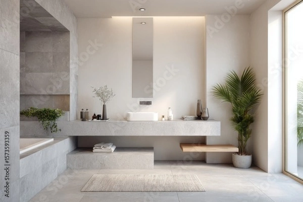 Obraz Modern Minimalist Bathroom Design with Natural Light and Greenery