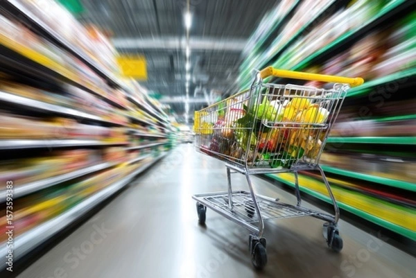 Obraz Motion Blur of Shopping Cart in Grocery Store Aisle Full of Goods