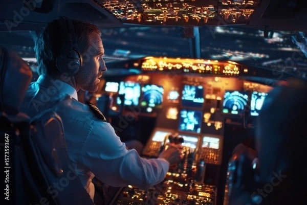 Obraz Pilot in Cockpit Operating Controls During Night Flight Session