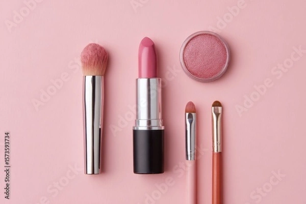 Obraz Pink Lipstick and Makeup Brushes on Soft Pink Background