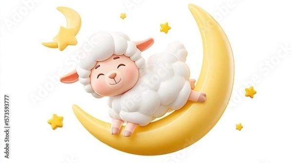 Fototapeta Cute sheep on crescent moon illustration