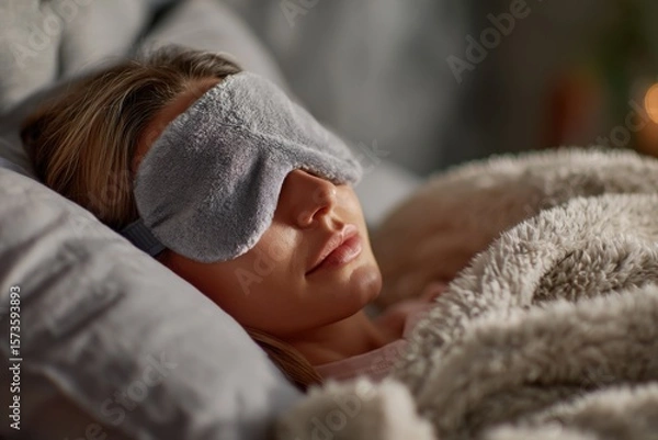 Obraz Relaxed Woman Resting with Eye Mask in Cozy Bed Setting