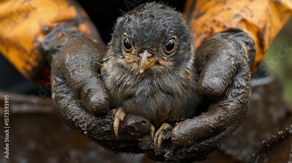 Obraz Rescued Bird Covered in Oil and Mud in Hands of Caregiver