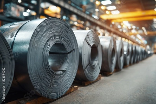 Obraz Rolled Steel Coils in a Warehouse with Industrial Storage Space